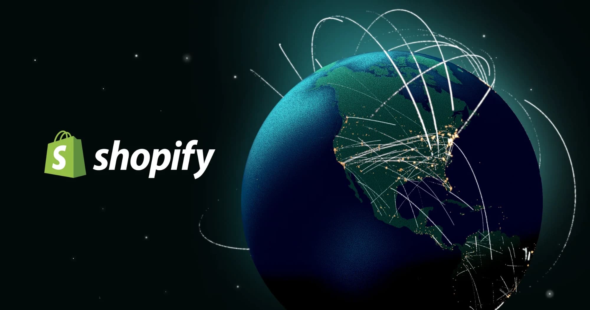 Shopify logo beside a globe of commerce traffic across North America